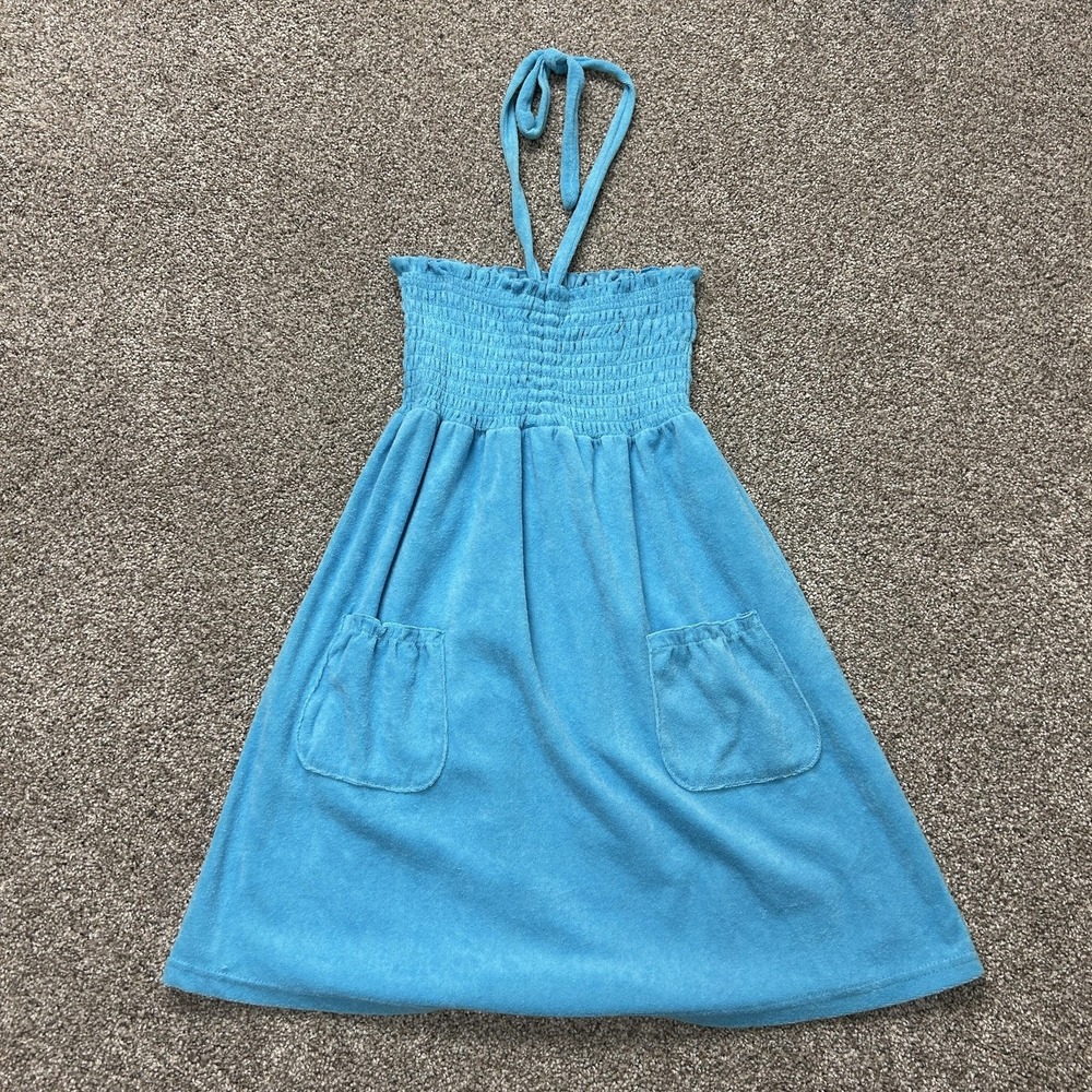 Terry Cloth Dress Womens L Blue Halter Pockets Sundress Short Beachwear